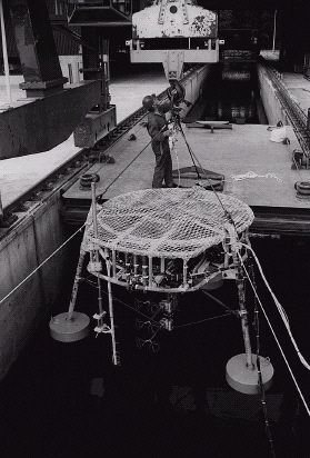 The STABLE II platform being lowered into the flume to act as a target for the Sand Ripple Imaging Sonar